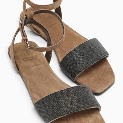 Shop Brunello Cucinelli Brown Suede Sandal With Beads