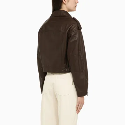 Shop Brunello Cucinelli Dark Brown Leather Jacket