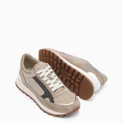 Shop Brunello Cucinelli Low Walnut Coloured Trainer With Beaded Detailing