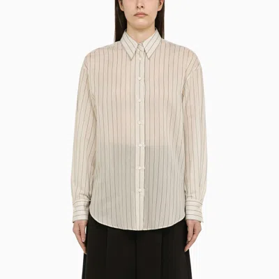 Shop Brunello Cucinelli Striped Silk Blend Shirt