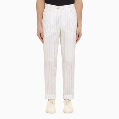 Shop Brunello Cucinelli White Linen Pinstripe Trousers