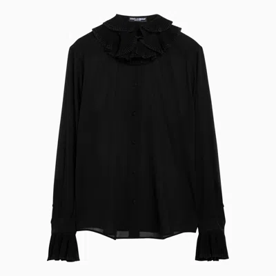 Shop Dolce & Gabbana Dolce&gabbana Black Silk Blend Shirt With Pleated Collar And Cuffs