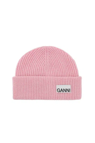 Shop Ganni Beanie Hat With Logo Label