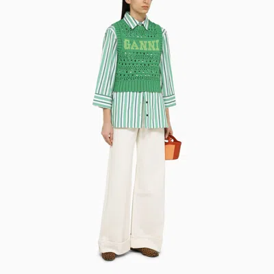 Shop Ganni Green Striped Oversize Shirt In Organic Cotton