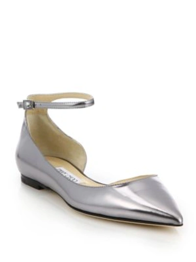 Shop Jimmy Choo Lucy Metallic Leather Ankle-strap Flats In Silver