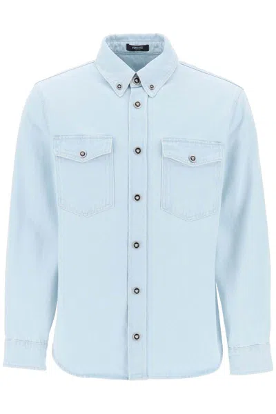 Shop Versace "medusa Denim Shirt In Blue