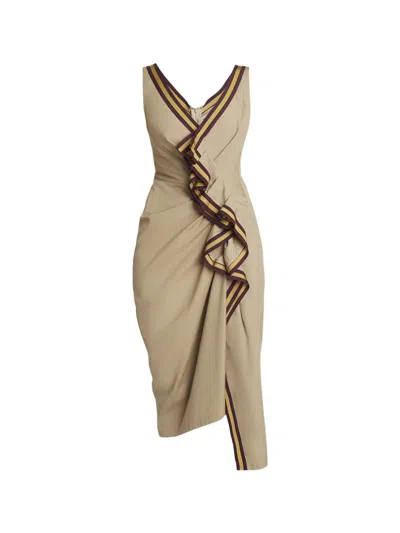 Shop Dries Van Noten Midi Dress With Ruffles And Dinari Ribbon In Brown