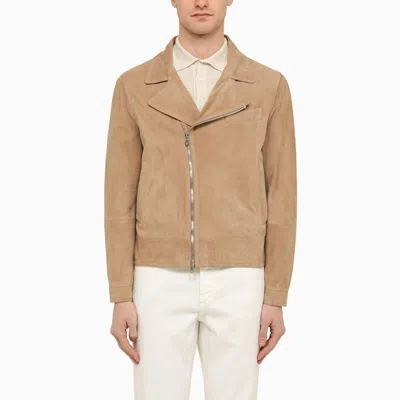 Brunello Cucinelli Suede Biker Jacket In Beige
