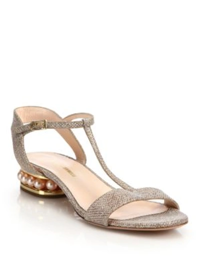 Shop Nicholas Kirkwood Casati Pearly Heel Lurex T-strap Sandals In Champagne