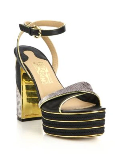 Ferragamo Gaga Python-embossed Leather Platform Sandals In Black-gold