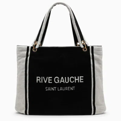 Shop Saint Laurent Rive Gauche Tote In And White Terry Cloth In Black