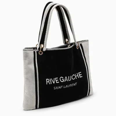 Shop Saint Laurent Rive Gauche Tote In And White Terry Cloth In Black