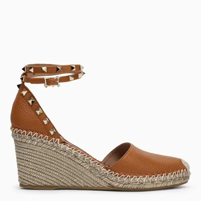 Shop Valentino Garavani Brown Rockstud Wedge Espadrilles In Beige