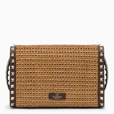 Shop Valentino Garavani Small Woven Raffia Rockstud Shoulder Bag In Brown