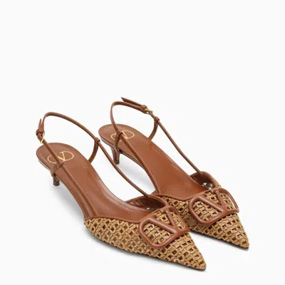 Shop Valentino Garavani Tobacco Vlogo Slingback In Woven Raffia In Brown