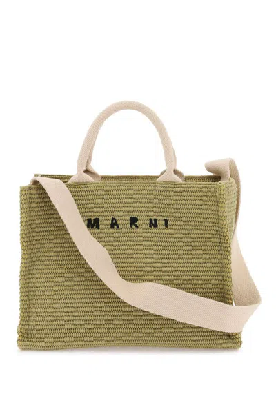 Shop Marni Raffia-effect Canvas Small Tote Bag In Green