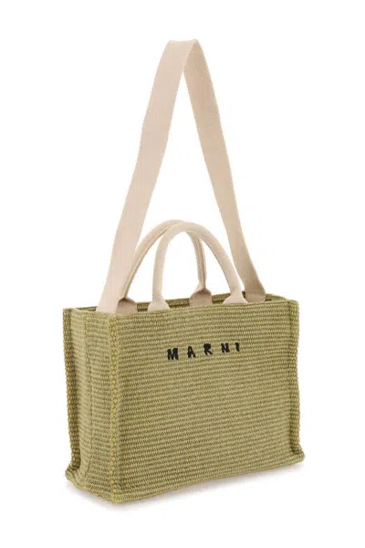 Shop Marni Raffia-effect Canvas Small Tote Bag In Green