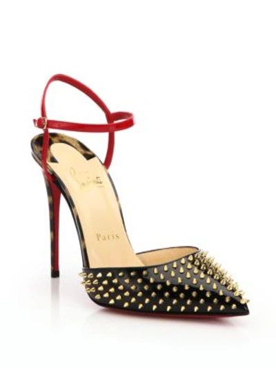 Christian Louboutin Studded Colorblock Patent Leather Ankle-strap Pumps In Black-gold