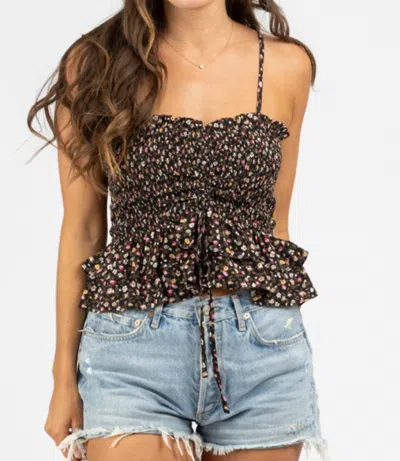 She + Sky Print Ruched And Smocked Top Cami In Black In Black