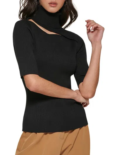 Shop Dkny Womens Ribbed Knit Cut-out Turtleneck Sweater In Black