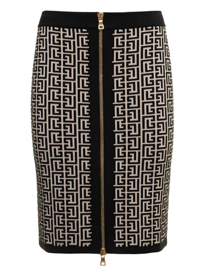 Balmain Monogram Wool Pencil Skirt With Zip In Black