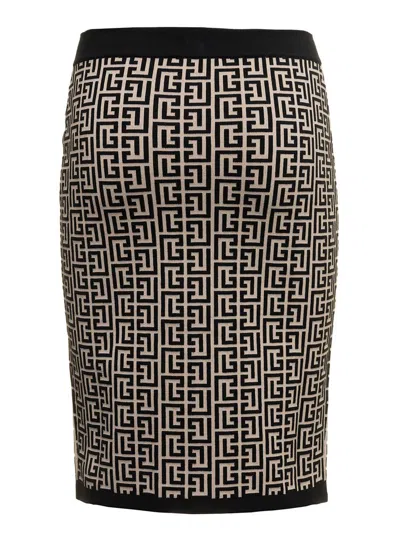 Balmain Monogram Wool Pencil Skirt With Zip In Black