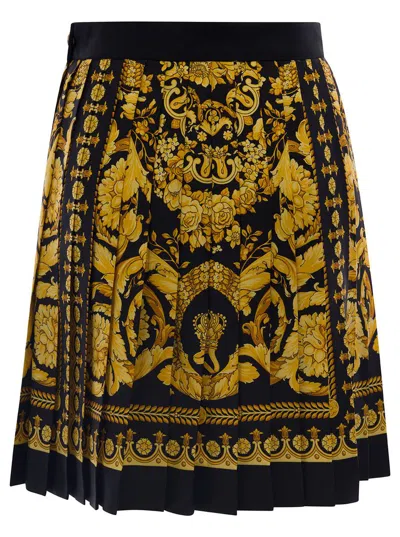 Shop Versace Black And Golden Pleated Skirt With Baroque Print All-over In Silk Woman In Multicolor