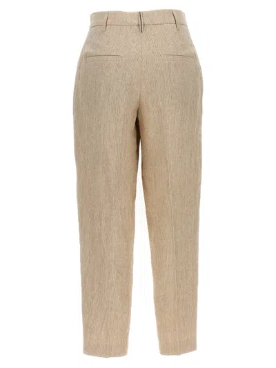 Shop Brunello Cucinelli Striped Pleated Pants Beige