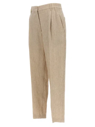 Shop Brunello Cucinelli Striped Pleated Pants Beige