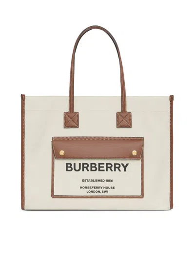 Shop Burberry Women Medium Two-tone Freya Tote Bag In Cream