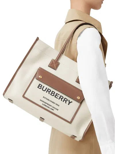 Shop Burberry Women Medium Two-tone Freya Tote Bag In Cream