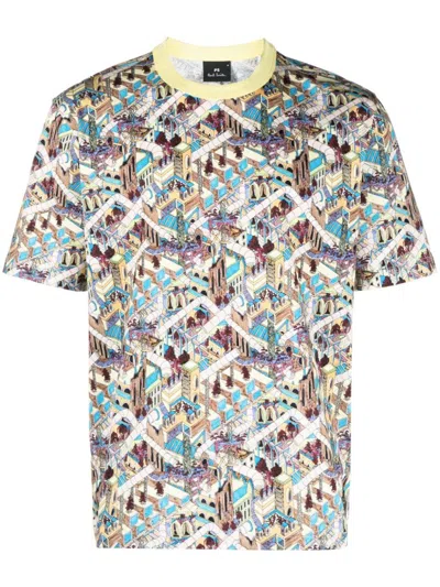 Shop Ps By Paul Smith Ps Paul Smith Jack's World Print Cotton T-shirt In Yellow