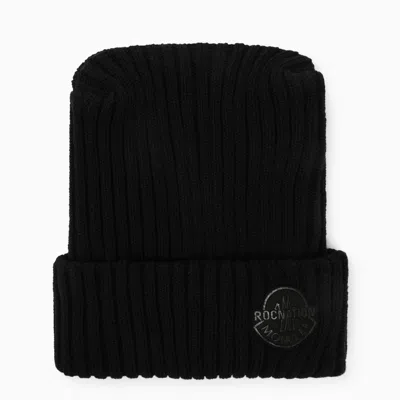 Shop Moncler X Roc Nation By Jay-z | Black Wool Bonnet With Logo