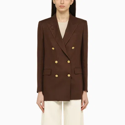 Shop Tagliatore Brown Linen Double-breasted Jacket
