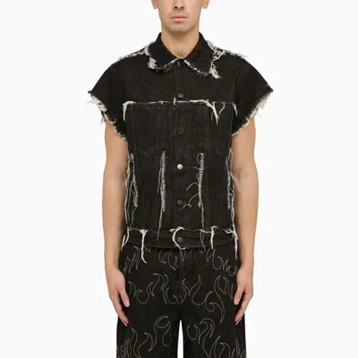 Airei Black Washed Denim Waistcoat With Wear And Tear In Black