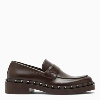 Shop Valentino M-way Brown Leather Rockstud Loafer