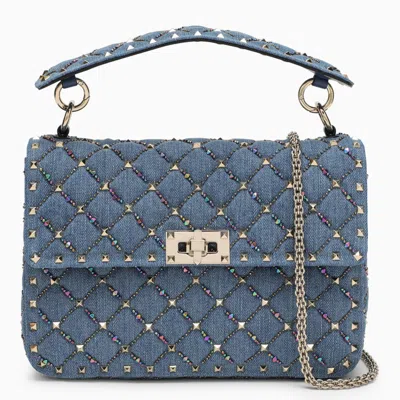 Shop Valentino Small Bag With Rockstud Spike Chain In Embroidered Denim In Light Blue