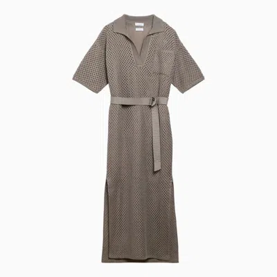Shop Brunello Cucinelli Net Openwork Knit Dress In Linen Blend In Brown