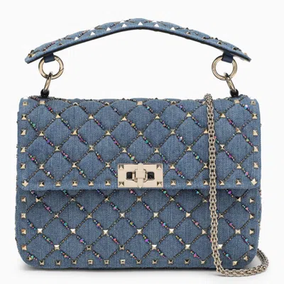 Shop Valentino Garavani Small Bag With Rockstud Spike Chain In Embroidered Denim In Blue