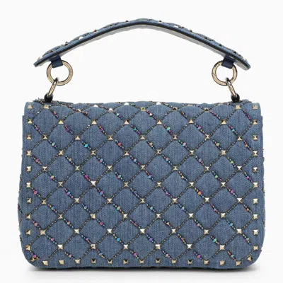Shop Valentino Garavani Small Bag With Rockstud Spike Chain In Embroidered Denim In Blue