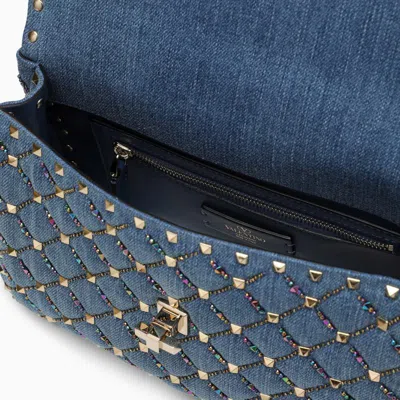 Shop Valentino Garavani Small Bag With Rockstud Spike Chain In Embroidered Denim In Blue