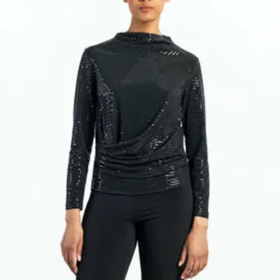 Clara Sunwoo Shimmer Embellished - High Boat Neck Side Draped Top In Black In Black