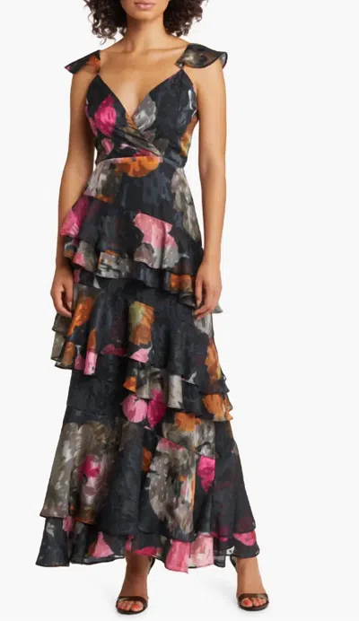 Shop Hutch Miah Ruffle Gown In Black Romantic Watercolor In Multi