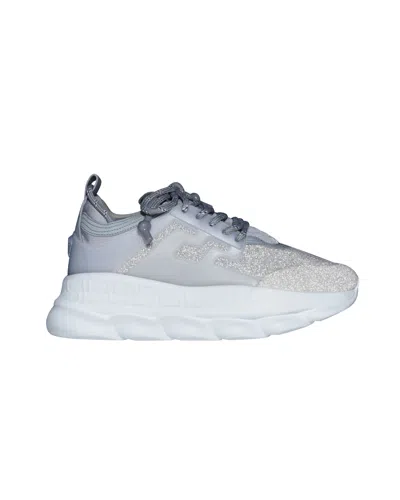 Shop Versace New  Chain Reaction Reflective Silver Crystal Rhinestone Sneaker In White