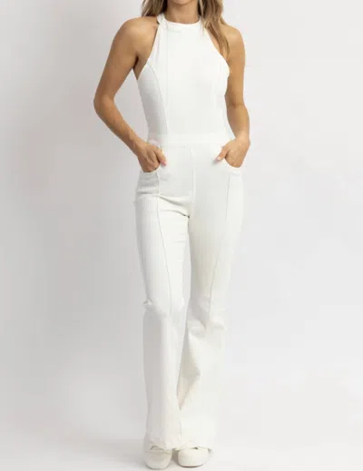 Shop Peach Love Alia Halterneck Zippered Denim Jumpsuit In White