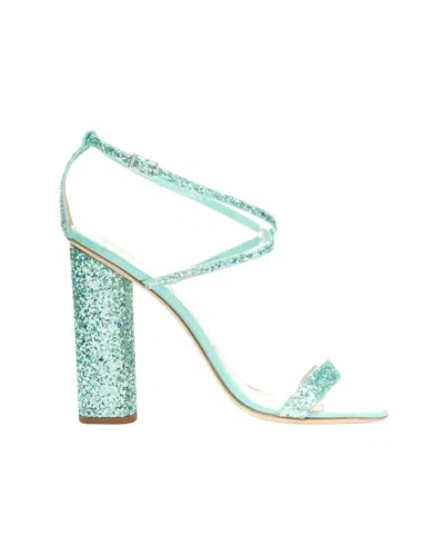 Shop Giuseppe Zanotti 2019 Tara Sky Blue Glitter Square Toe Chunky Heel Sandals In Green
