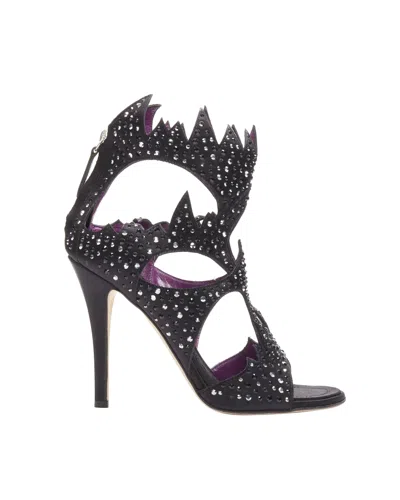Shop Giuseppe Zanotti Black Crystal Embellished Satin Cutout Sandals Heels In Purple