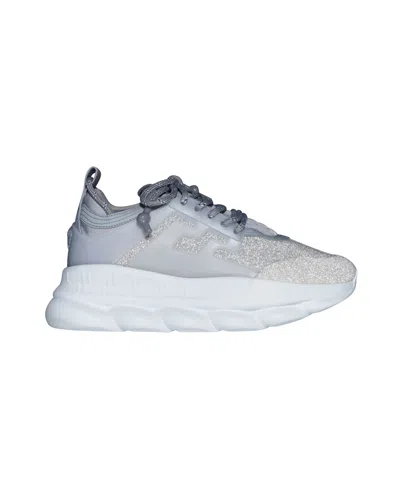 Shop Versace New  Chain Reaction Reflective Silver Crystal Rhinestone Sneaker In White