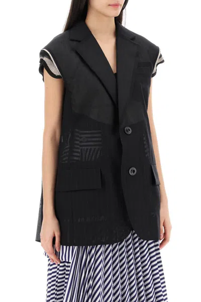 Shop Sacai Striped Organza Vest For In Black