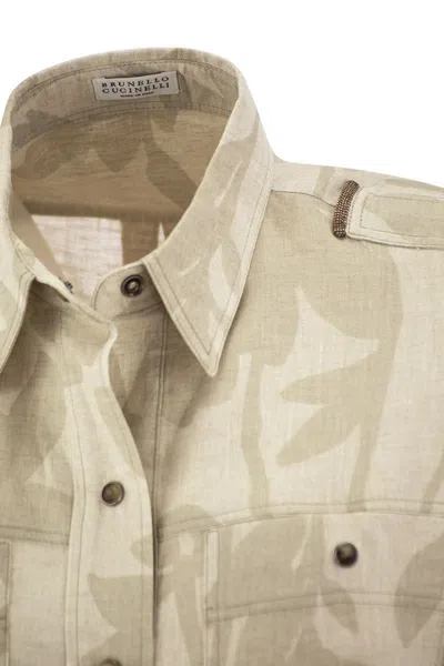 Shop Brunello Cucinelli Ramage Print Linen Shirt With Shiny Tabs In Natural